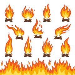 Set of bonfire and fire wood isolated on white. Flat cartoon campfire. Danger and hot temperature outdoor object. illustration