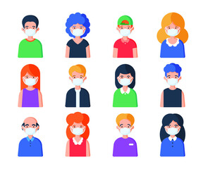People in medical mask set of avatar vector illustration. Young, adult man and woman user