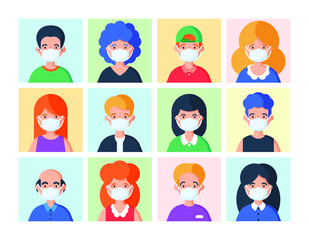 People in medical mask set of avatar vector illustration. Young, adult man and woman user on different background