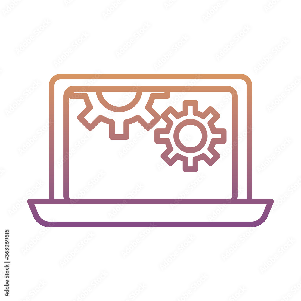 Poster gears machine work in laptop gradient line style icons
