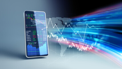 financial graph and technology element on mobile phone 3d rendering