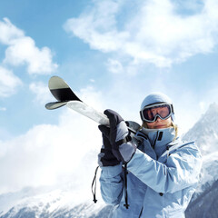 Woman in ski goggles holding snowboard