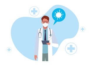 male doctor professional with covid19 particle