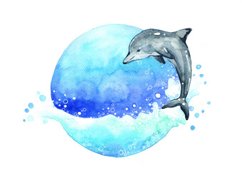 Dolphin jumping on the sea watercolor handpainting background.
