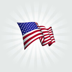 Waving flag of United States of America isolated on sunburst background. vector illustration EPS 10
