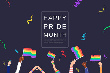 LGBTQ background with people hands waving rainbow flags celebrating pride month - obrazy, fototapety, plakaty