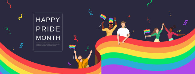 LGBTQ people celebrating happy pride month with colorful rainbow flags on banner background - obrazy, fototapety, plakaty