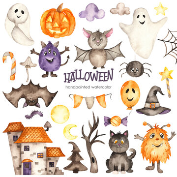 Halloween watercolor set with black cat, ghosts, pumpkin, hat, monsters, house, bat, spider