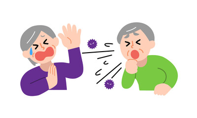 咳するシニア男性と嫌がるシニア女性