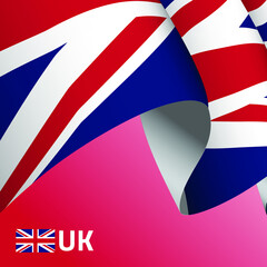 United Kingdom Happy National day greeting card, banner, vector illustration. Great Britain holiday 18th of February design element with waving flag as a symbol of independence
