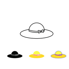 Yellow hat for sun protection, headwear with ribbon. Woman summer hat, Girl sun cap for beach and summer vacation accessory icon. Vector illustration. Design on white background. EPS10