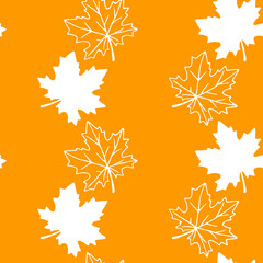 Obraz premium Seamless pattern of orange contoured silhouette maple leaves isolated on orange background. Simple vector texture for fabric, invitations, home textiles. Concept of autumn, forest, leaf fall