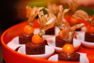 Pequeno bolo de chocolate, com cobertura de chocolate cremoso e physalis
