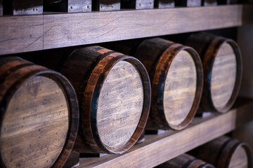 wine barrels in wine cellar