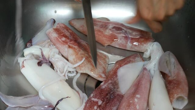 close up cleaning squid with water