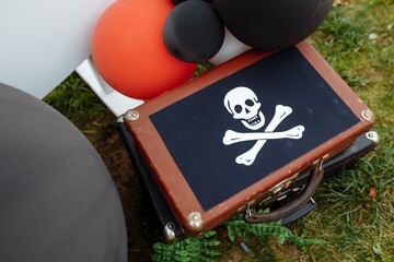 Decorations for the birthday. Concept of children's birthday in a pirate style. Photozone for a...