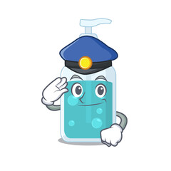Police officer cartoon drawing of hand sanitizer wearing a blue hat