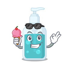 A cartoon drawing of hand sanitizer holding cone ice cream