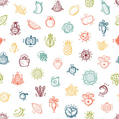 Food Vector Seamless Pattern. Doodle Fruits, Vegetables and Berries Icons