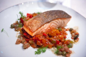 Grilled fillet salmon eat with vegetable