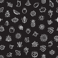 Food Vector Seamless Pattern. Doodle Fruits, Vegetables and Berries Icons