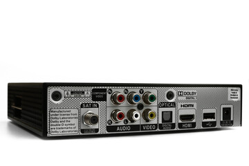 Fototapeta premium Close up back of dvd player over white background.