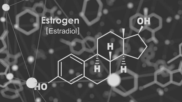 Chemical molecular formula hormone estrogen. Infographics animation. Connected lines with dots background.