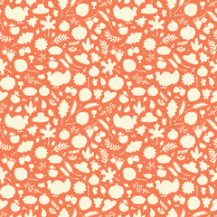 Thanksgiving Day Symbols Vector Background. Autumn Harvest icons Seamless Pattern. Silhouettes of Turkey Bird, Berries, Fruit, Vegetables, Leaves, Ears Of Wheat, Thanksgiving Hat and Pumpkin pie