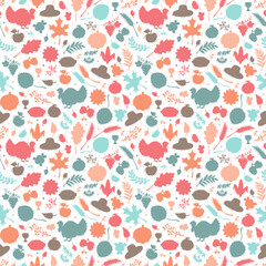 Thanksgiving Day Symbols Vector Background. Autumn Harvest icons Seamless Pattern. Silhouettes of Turkey Bird, Berries, Fruit, Vegetables, Leaves, Ears Of Wheat, Thanksgiving Hat and Pumpkin pie