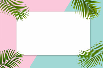 Fototapeta na wymiar Natural green palm leaf with white frame on pastel pink and blue background, flat lay