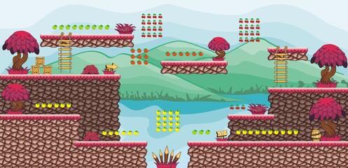 Tileset Platform for creating Game - A set of layered vector game asset, 
contains background, ground tiles and several items, objects, decorations,
used for creating mobile games