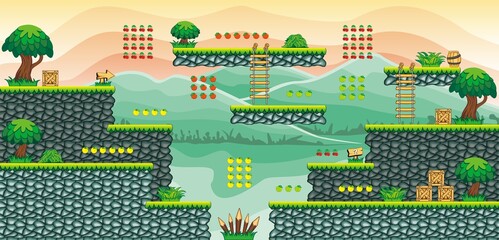 Tileset Platform for creating Game - A set of layered vector game asset, contains background, ground tiles and several items, objects, decorations, used for creating mobile games
