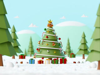 Merry Christmas and Happy New Year, Landscape of Decorated Christmas Tree with gifts on a snowy ground in the forest, 3d rendering