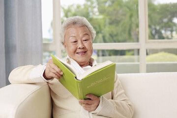 Senior woman sitting on the couch reading book