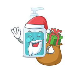 Cartoon design of hand sanitizer Santa having Christmas gift