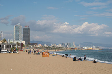 Fototapeta na wymiar Barceloneta beach scene in a summer day, Barcelona, Spain, 2018