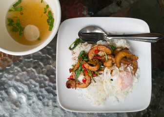 Thai food - stir fried shoulder pork basil and fried egg