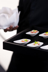 waiter bring  canapes on tray to guest