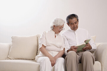 Senior couple reading book together