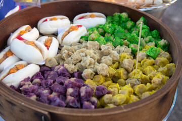 Various local dim sum in giant bamboo steamer