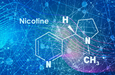 Chemical molecular formula of nicotine. Connected lines with dots background