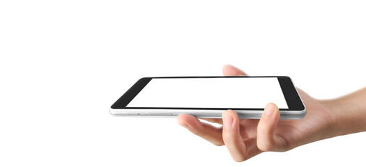 Hands holding tablet touch computer gadget with isolated screen