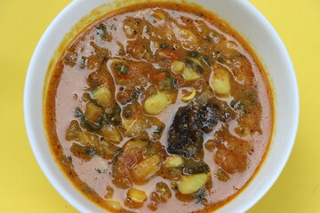 Alu wal chi Bhaji, Colocasia leaves and beans curry, authentic konkani maharashtraian dish, Indian traditional food