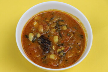 Alu wal chi Bhaji, Colocasia leaves and beans curry, authentic konkani maharashtraian dish, Indian traditional food