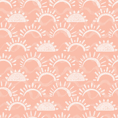 Sun Vector Seamless pattern. Hand drawn doodle Different Suns. Pink Background for kids.