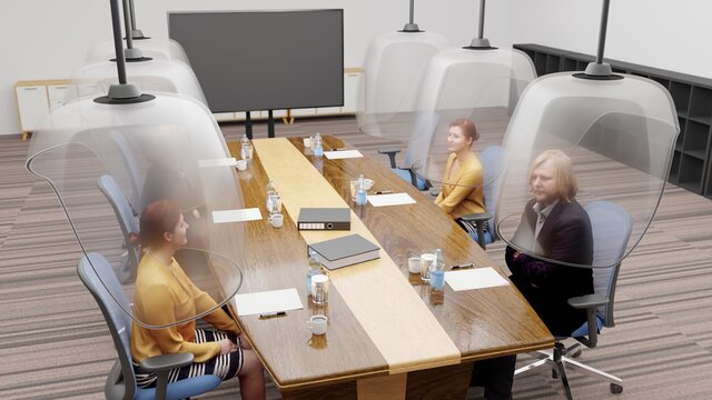 People in meeting Room with Social distancing 3D rendering