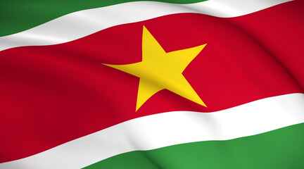 Suriname National Flag (Surinamese flag) - Waving background illustration. Highly detailed realistic 3D rendering