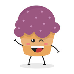 Cute flat cartoon cupcake illustration. Vector illustration of a cute cupcake with a smiling expression. Cute cake mascot design