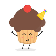 Cute flat cartoon cupcake illustration. Vector illustration of a cute cupcake with a smiling expression. Cute cake mascot design