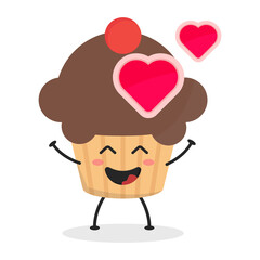 Cute flat cartoon cupcake illustration. Vector illustration of a cute cupcake with a smiling expression. Cute cake mascot design